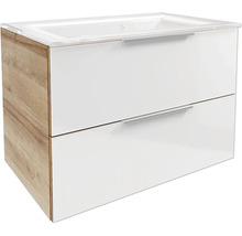 Waschtischunterschrank mit zwei Schubladen, Front in Weiß-Hochglanz und Korpus in Eiche-Optik, inklusive Waschbecken.