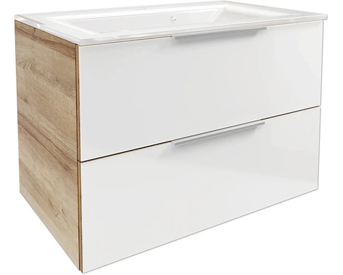 Waschtischunterschrank mit zwei Schubladen, Front in Weiß-Hochglanz und Korpus in Eiche-Optik, inklusive Waschbecken.