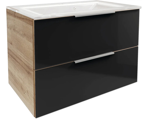 Waschbeckenunterschrank mit zwei Schubladen, schwarzer Front, Korpus in Eiche-Optik und weißem Waschtisch.