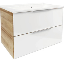 Waschtischunterschrank mit Waschbecken, zwei weiße Schubladen mit Metallgriffen, Seitenteile in heller Holzoptik.