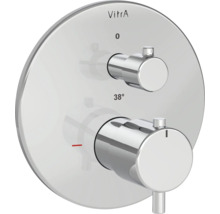 VitrA Unterputz-Thermostatarmatur für die Dusche mit runder Abdeckplatte, zwei zylindrischen Griffen und Markierung für 38 Grad.