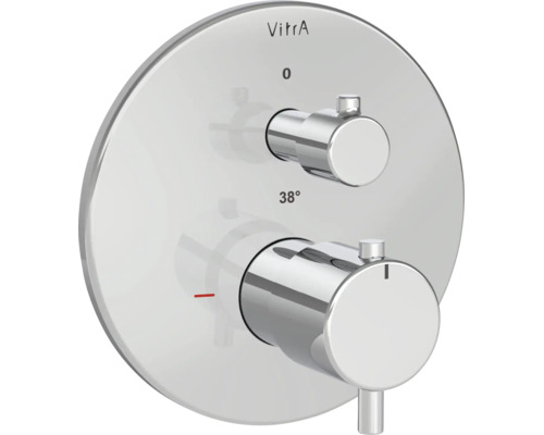 VitrA Unterputz-Thermostatarmatur für die Dusche mit runder Abdeckplatte, zwei zylindrischen Griffen und Markierung für 38 Grad.