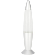 Silberne Lavalampe in Raketenform mit Gehäuse aus Metall.