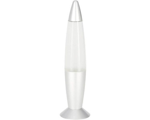 Silberne Lavalampe in Raketenform mit Gehäuse aus Metall.