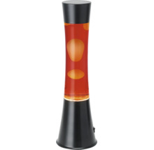 Lavalampe mit schwarzem Sockel, Glaszylinder mit roter Flüssigkeit und orangefarbenem Wachs.