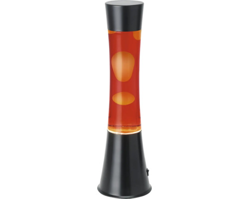 Lavalampe mit schwarzem Sockel, Glaszylinder mit roter Flüssigkeit und orangefarbenem Wachs.
