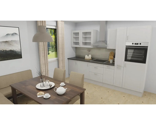 Moderne Einbauküche in Weiß mit Elektrogeräten und angrenzendem Essbereich mit Holztisch und Polsterbank.