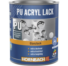 Dose Hornbach Polyurethan-Acryl-Lack Glanzlack, extra kratzfest, deckend, langlebig, Umweltsiegel, Farbmischservice Symbol und Hornbach Logo.
