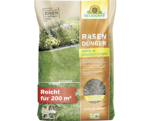 Neudorff Rasendünger Moos- und Unkrautstopp, 10 Kilogramm für 200 Quadratmeter, tierfreundlich, mit Eisen für den Rasen und feinem Granulat.