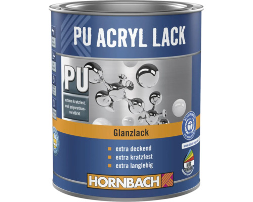 Hornbach PU Acryl Lack Glanzlack, extra kratzfest und deckend, für innen und außen geeignet.