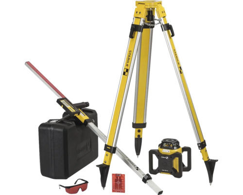 Stabila Rotationslaser Set mit Baulaser, Stativ, Teleskop Nivellierlatte, Empfänger, Zielplatte, Lasersichtbrille und Transportkoffer. Stabila Logo.