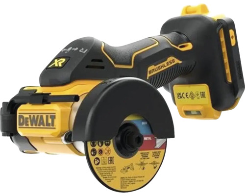 Bürstenloser DeWalt Akku-Trennschleifer für verschiedene Materialien mit Trennscheibe und Schutzhaube.