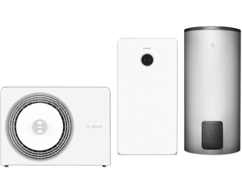 Bosch Wärmepumpen-Set bestehend aus Außeneinheit, Inneneinheit und Warmwasserspeicher.