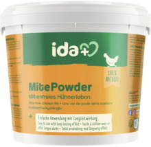 Ida Plus MitePowder, Milbenpulver für Hühner, hundert Prozent natürlich, im weißen Eimer.