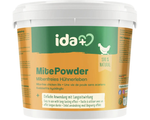 Ida Plus MitePowder, Milbenpulver für Hühner, hundert Prozent natürlich, im weißen Eimer.