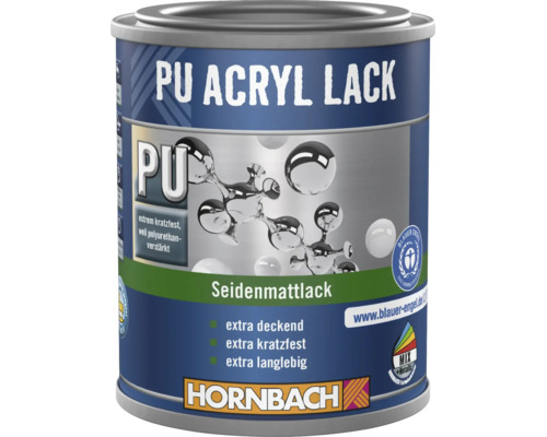 Hornbach PU Acryl Lack seidenmatt, kratzfest, hochdeckend, langlebig, Hornbach Logo, Blauer Engel Siegel.