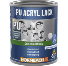 Hornbach PU Acryl Lack seidenmatt, kratzfest, hochdeckend, langlebig, Hornbach Logo, Blauer Engel Siegel.