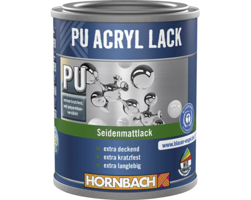 Hornbach PU Acryl Lack Seidenmatt, extra deckend, kratzfest und langlebig, Blauer Engel Umweltsiegel, Hornbach Logo.