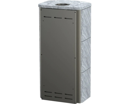 Kaminofen mit Natursteinverkleidung und grauer Metallfront mit Lüftungsschlitzen.