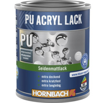 Hornbach Polyurethan-Acryllack Seidenmattlack, kratzfest, extra deckend, langlebig, Blauer Engel zertifiziert, Hornbach Logo.