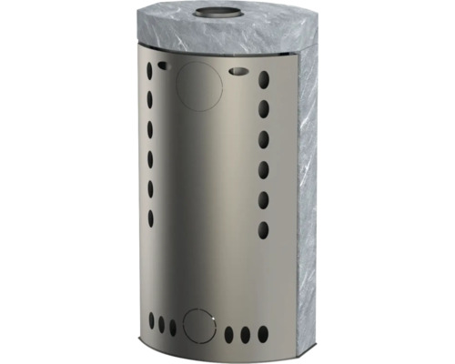 Kaminofen mit Steinverkleidung und perforierter Metallfront.
