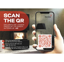 Smartphone mit QR-Code für Augmented Reality eines Kaminofens. Anleitung für dreidimensionale Ansicht in Innenräumen. Thermia Logo.