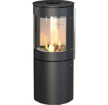 Zylindrischer Kaminofen in Anthrazit mit großer gewölbter Sichtscheibe und brennendem Holzfeuer.