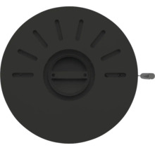 Runde schwarze Kamin-Luftregulierung mit zentralem Griff und radialen Lüftungsschlitzen.