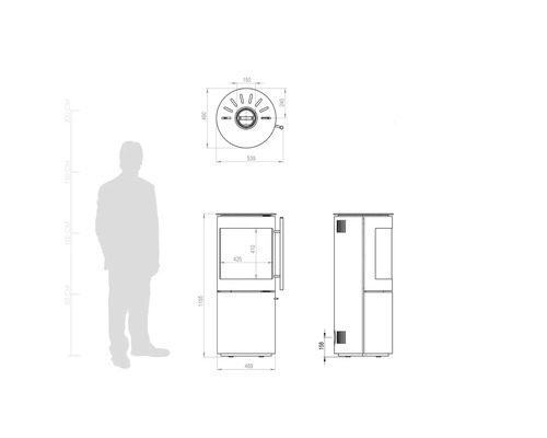 Maßzeichnung eines Kaminofens mit Vorderansicht, Seitenansicht und Draufsicht sowie einem Größenvergleich mit einer Person, Maße in Millimeter.
