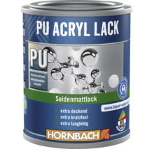 Hornbach PU Acryl Lack Seidenmattlack, extrem kratzfest, extra deckend, langlebig, für innen und außen, Umweltzeichen Blauer Engel, Hornbach Logo.