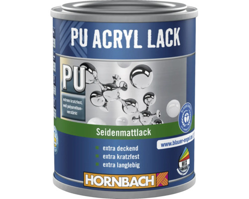 Hornbach PU Acryl Lack Seidenmattlack, extrem kratzfest, extra deckend, langlebig, für innen und außen, Umweltzeichen Blauer Engel, Hornbach Logo.