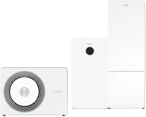 Bosch Wärmepumpen Set bestehend aus einer Außeneinheit und zwei Inneneinheiten für Heizung und Warmwasser.