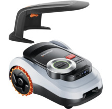Mähroboter Segway Navimow mit passender Garagenabdeckung für automatische Rasenpflege.