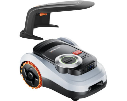 Mähroboter Segway Navimow mit passender Garagenabdeckung für automatische Rasenpflege.