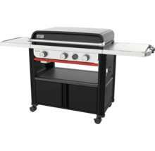 Weber Slate Gasgrill Plancha mit drei Brennern, Digitalanzeige, zwei Seitenablagen und Unterschrank auf Rollen.