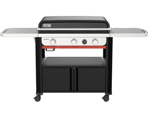 Weber Slate Gasgrill mit drei Brennern, digitalem Display, zwei Seitenablagen und Unterschrank auf Rollen.