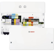 Bosch Steuermodul für Heizungssysteme mit Klemmleisten und zwei Drehreglern. Bosch Logo.