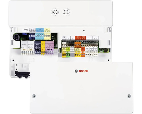 Bosch Steuermodul für Heizungssysteme mit Klemmleisten und zwei Drehreglern. Bosch Logo.