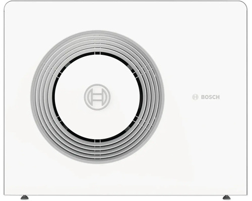 Bosch Außeneinheit für Wärmepumpe oder Klimaanlage mit rundem Lüftungsgitter und Bosch Logo.
