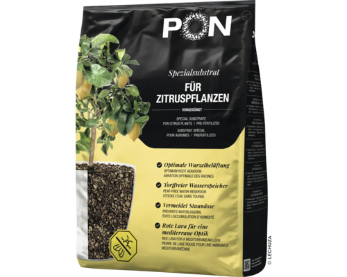 Lechuza PON Spezialsubstrat für Zitruspflanzen in einer Verpackung mit Abbildung eines Zitronenbaums. Vorgedüngtes, torffreies Mineralsubstrat.