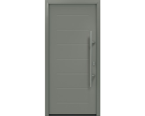 Haustür EcoStar ISOPRO IP 015 1100 x 2100 mm Rechts RAL 9007 graualuminium matt inkl. Beschlag-Set,Edelstahl Stangengriff,Sicherheitsprofilzylinder mit 5 Schlüsseln Graue Haustür mit horizontalen Zierleisten und Edelstahlgriff