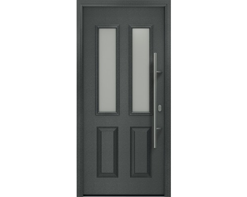 Haustür EcoStar ISOPRO IP 410 S 1100 x 2100 mm Rechts CH703 anthrazit metallic inkl. Beschlag-Set,Edelstahl Stangengriff,Sicherheitsprofilzylinder mit 5 Schlüsseln Graue Haustür mit zwei Glaseinsätzen und Griffstange
