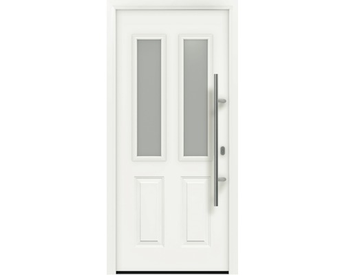 Haustür EcoStar ISOPRO IP 410 S 1100 x 2100 mm Rechts RAL 9016 verkehrsweiß inkl. Beschlag-Set,Edelstahl Stangengriff,Sicherheitsprofilzylinder mit 5 Schlüsseln Weiße Haustür mit zwei Glaseinsätzen und Edelstahlgriff