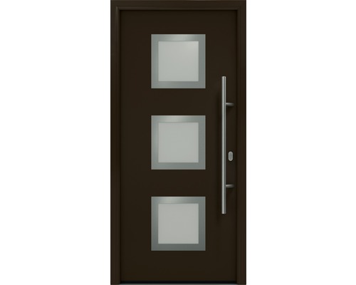 Haustür EcoStar ISOPRO IP 810S 1100 x 2100 mm Rechts RAL 8028 terrabraun inkl. Beschlag-Set,Edelstahl Stangengriff,Sicherheitsprofilzylinder mit 5 Schlüsseln Haustür mit drei quadratischen Glaseinsätzen und Stangengriff