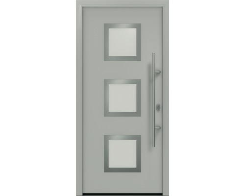 Haustür EcoStar ISOPRO IP 810S 1100 x 2100 mm Rechts RAL 9006 weißaluminium matt inkl. Beschlag-Set,Edelstahl Stangengriff,Sicherheitsprofilzylinder mit 5 Schlüsseln Haustür mit drei quadratischen Glaseinsätzen und Griffstange