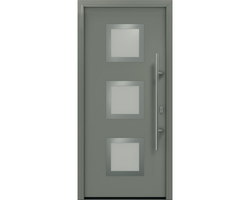 Haustür EcoStar ISOPRO IP 810S 1100 x 2100 mm Rechts RAL 9007 graualuminium matt inkl. Beschlag-Set,Edelstahl Stangengriff,Sicherheitsprofilzylinder mit 5 Schlüsseln Graue Haustür mit drei quadratischen Fenstern und Griff