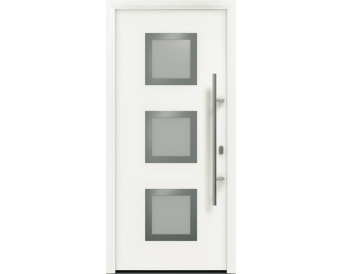 Haustür EcoStar ISOPRO IP 810S 1100 x 2100 mm Rechts RAL 9016 verkehrsweiß inkl. Beschlag-Set,Edelstahl Stangengriff,Sicherheitsprofilzylinder mit 5 Schlüsseln Weiße Haustür mit drei quadratischen Glaseinsätzen und Edelstahlgriff