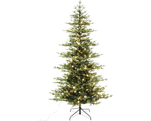 Künstlicher Weihnachtsbaum mit LED Beleuchtung, Kugeln und Metallständer.