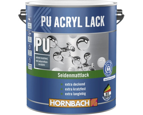 Hornbach PU Acryl Lack seidenmatt, extra kratzfest und langlebig, wasserbasierter Lack für innen und außen.