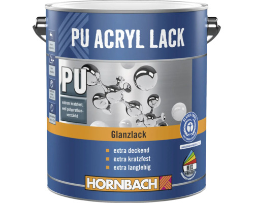 Hornbach PU Acryl Lack, Glanzlack, extra kratzfest, deckend und langlebig, für innen und außen geeignet.